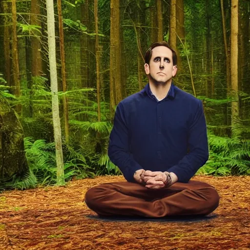 Image similar to Michael Scott meditate in forest, realistic photo, 90mm