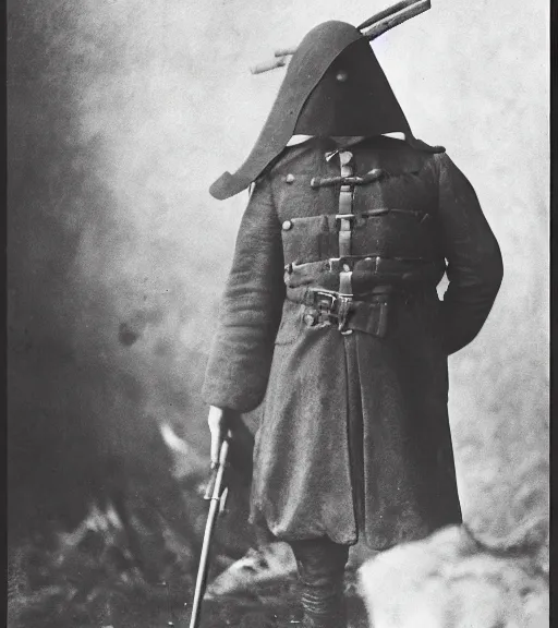 Image similar to person wearing executioner mask, ww1 photo, grainy, high detail, high resolution, tehnicolor