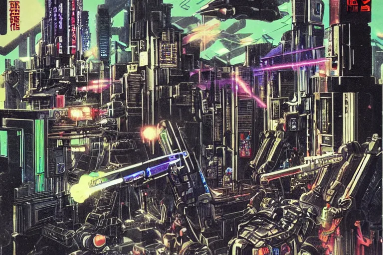 Image similar to 1 9 7 9 science fiction depicting mechwarrior in neo - tokyo. art by tim conrad and vic bonilla