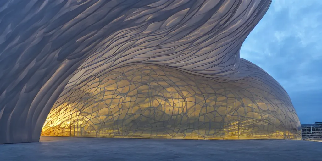 Image similar to extremely detailed awe stunning beautiful futuristic smooth curvilinear museum exterior, translucent gills, stunning volumetric light, stainless steel, concrete, translucent material, beautiful sunset, hyper real, 8k, colorful, 3D cinematic volumetric light, atmospheric light