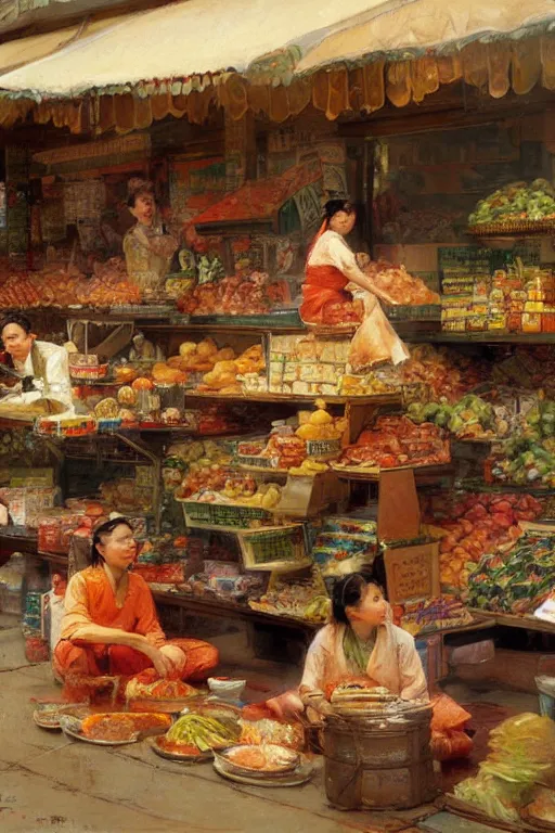 Prompt: asian food market, painting by gaston bussiere, craig mullins, j. c. leyendecker