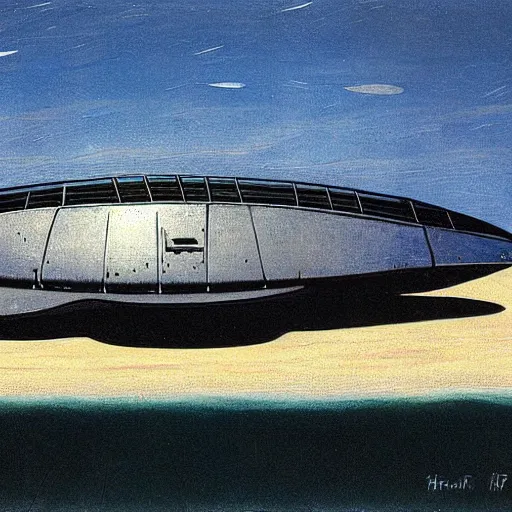 Prompt: a rectangular space ship hover over a beach by h. r. giger.