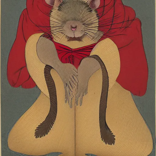 Image similar to a portrait of a human-rat hybrid with brown fur wearing a red kimono, cartoon