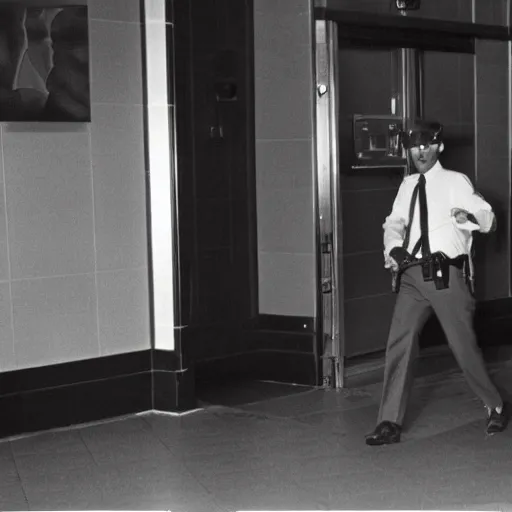 Prompt: A man walking into a bank with a Thompson machine gun. Security camera footage, grainy, black and white, 1980's.