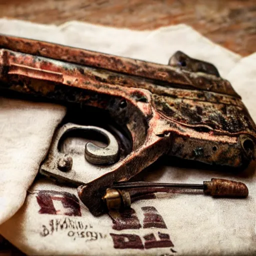 Image similar to An old rusty pistol on a napkin, deeply rusted, water damage, bullet beside it,