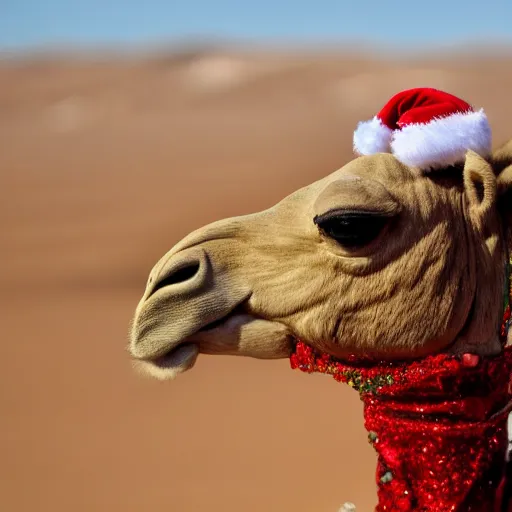 Image similar to camel in a hat on a Christmas tree, in the paw of coca cola, in the desert