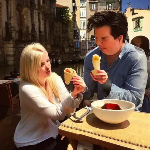 Image similar to a blonde woman & Michael mcintyre eating gelato & tea in Porto, greg rutkowski