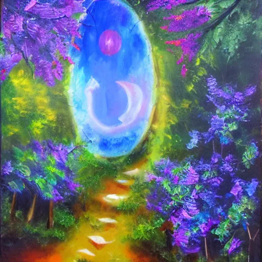 Prompt: secret hidden path in the forest leading to a portal to outerspace, prismatic weather, flowers, expressive oil painting