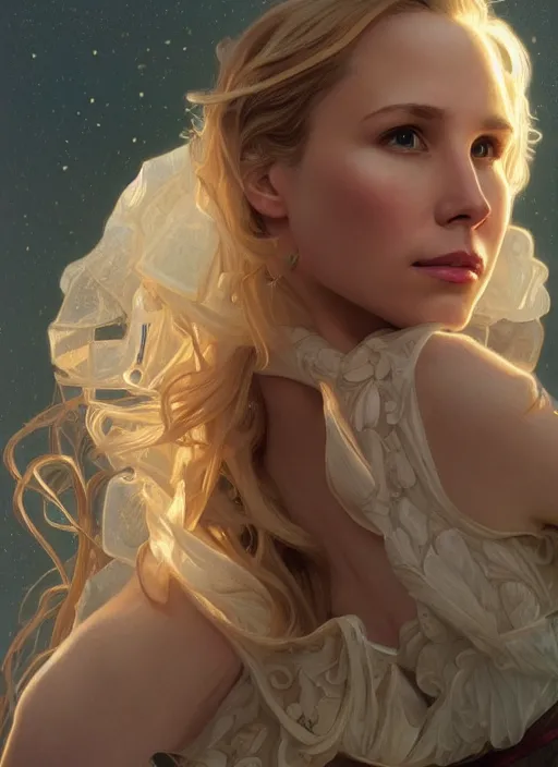 Image similar to beautiful portrait of alona tal and kristen bell, intricate, elegant, highly detailed, digital painting, artstation, concept art, smooth, sharp, focus, illustration, art by artgerm and greg rutkowski and alphonse mucha