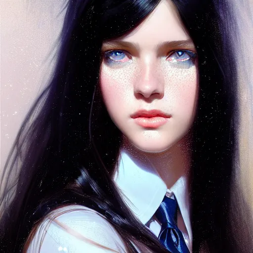 Image similar to portrait of teenage girl with long glossy black hair, blue eyes, glowing skin, fashion model features, fantasy, intricate, elegant, dress shirt and tie, highly detailed, digital painting, artstation, concept art, smooth, sharp focus, illustration, art by Krenz Cushart and Artem Demura and alphonse mucha