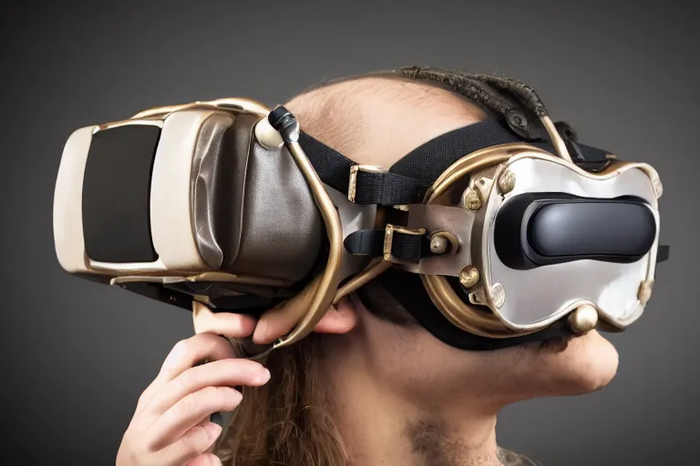 Prompt: a high quality product photography photoshoot of steampunk virtual reality goggles