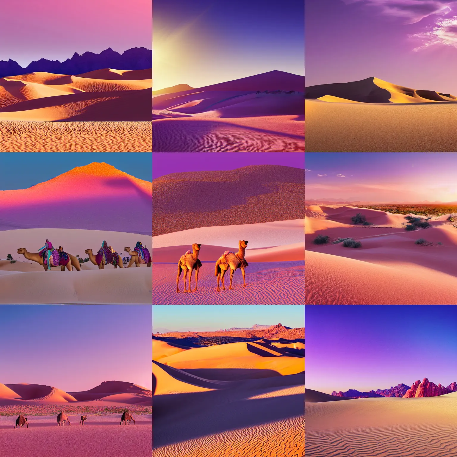 Prompt: desert dunes with crystal mountains on the background, pink and purple,Camels with people, artistic, fantasy landscape, dramatic light, highly detailed, wide shot, photorealistic, golden hour, oasis infront, super wide shot, intricate