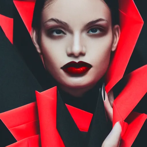 Prompt: origami portrait of a fashion model, black and red