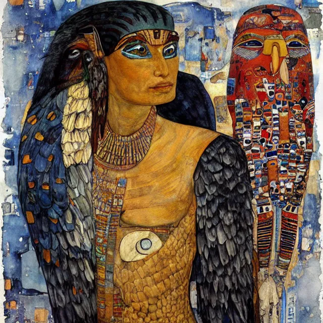 Prompt: expresionistic watercolor of Horus the falcon headed egyptian god, by Enki Bilal, by Gustav Klimt, by Peter Mohrbacher, graffiti paint, vintage, splatters, scratches