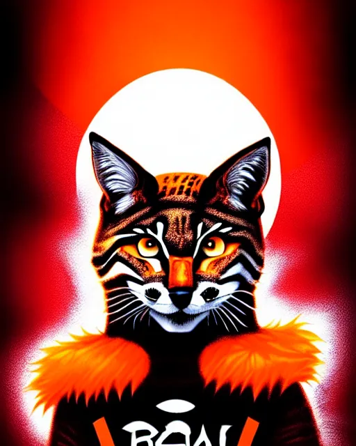 Image similar to artgerm, frank miller comic cover art, bobcat with orange fur, symmetrical eyes, symmetrical face, white shirt with red exclamation point logo, dark castle background, cinematic lighting