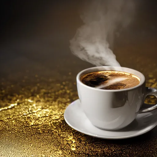Prompt: cup of steaming coffee, ornate kinatsugi, baroque, gold dust, marble background, dark-brown, gold cracks, silver, highly detailed porcelain, glazed, volumetric dust rays, dark, intricate detail, ultra realistic, dramatic lighting, wet, shiny, unreal engine 5, hyper realistic, octane render, 8k