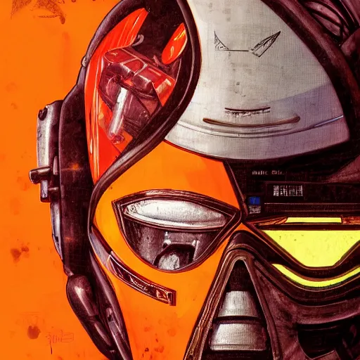 Image similar to a portrait of a monster, in an orange racing helmet by sandra chevrier, detailed render, epic composition, cybernetics, 4 k realistic, cryengine, realistic shaded lighting, sharp focus, masterpiece, by matteo scalera, gary montalbano, peter elson in the style of the tokyo ghost comic