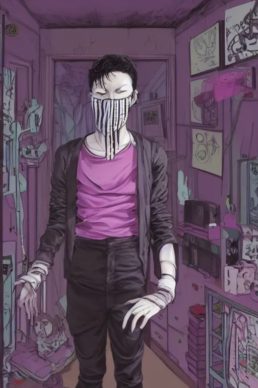 Image similar to a skinny goth guy wearing a face mask standing in a cluttered 9 0 s bedroom, full body character concept art, vaporwave colors, hirohiko araki art, inio asano art,