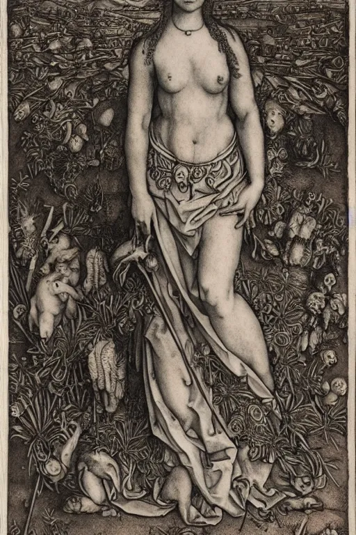 Image similar to albrecht durer, albrecht altdorfer, hans holbein, lucas cranach, gustave dore, engraving-style tattoo of regal female boddhisatva with the attributes of Diana, Athena, Guanyin, Shakti, Deborah, and Seshat, wearing a robe, standing gracefully upon a lotus, surrounded by egrets and northern wetland flora