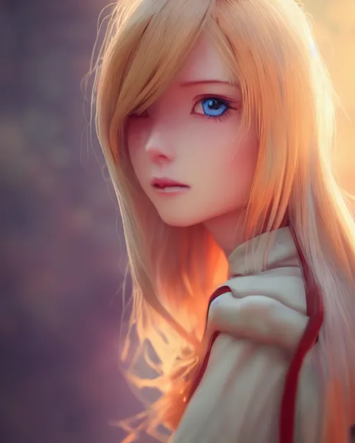 Prompt: Alice by Andrew Khok and Yi Qiang Cao and Mitsu Art, Alicization, flowing blonde hair, anime, symmetrical face, blue eyes, elegant, sunset, trending on artstation, artstationHD, artstationHQ, patreon, 4k, 8k, unreal engine, exquisite detail, sharp focus, beautiful