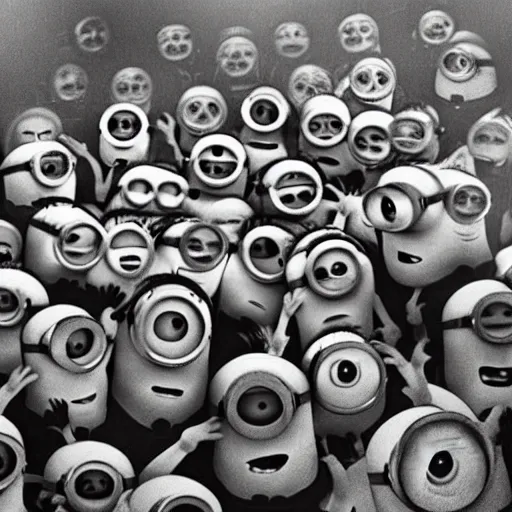 Prompt: Minions living in an insane asylum, creepy photo, minions screaming, nightmare, grainy, lost photo