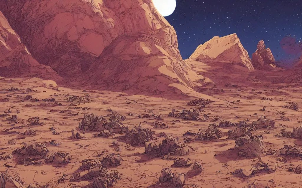 Image similar to very detailed, prophet graphic novel, ilya kuvshinov, mcbess, rutkowski, simon roy, illustration of a large bank vault door on a desert planet, wide shot, colorful, deep shadows, astrophotography