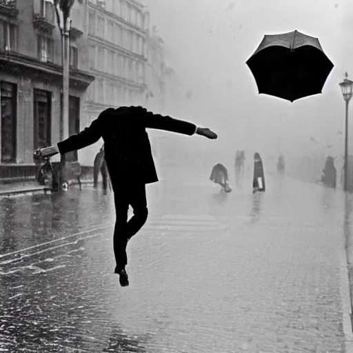 Image similar to the man leaping with an umbrella in a raining paris street, by henri cartier bresson,