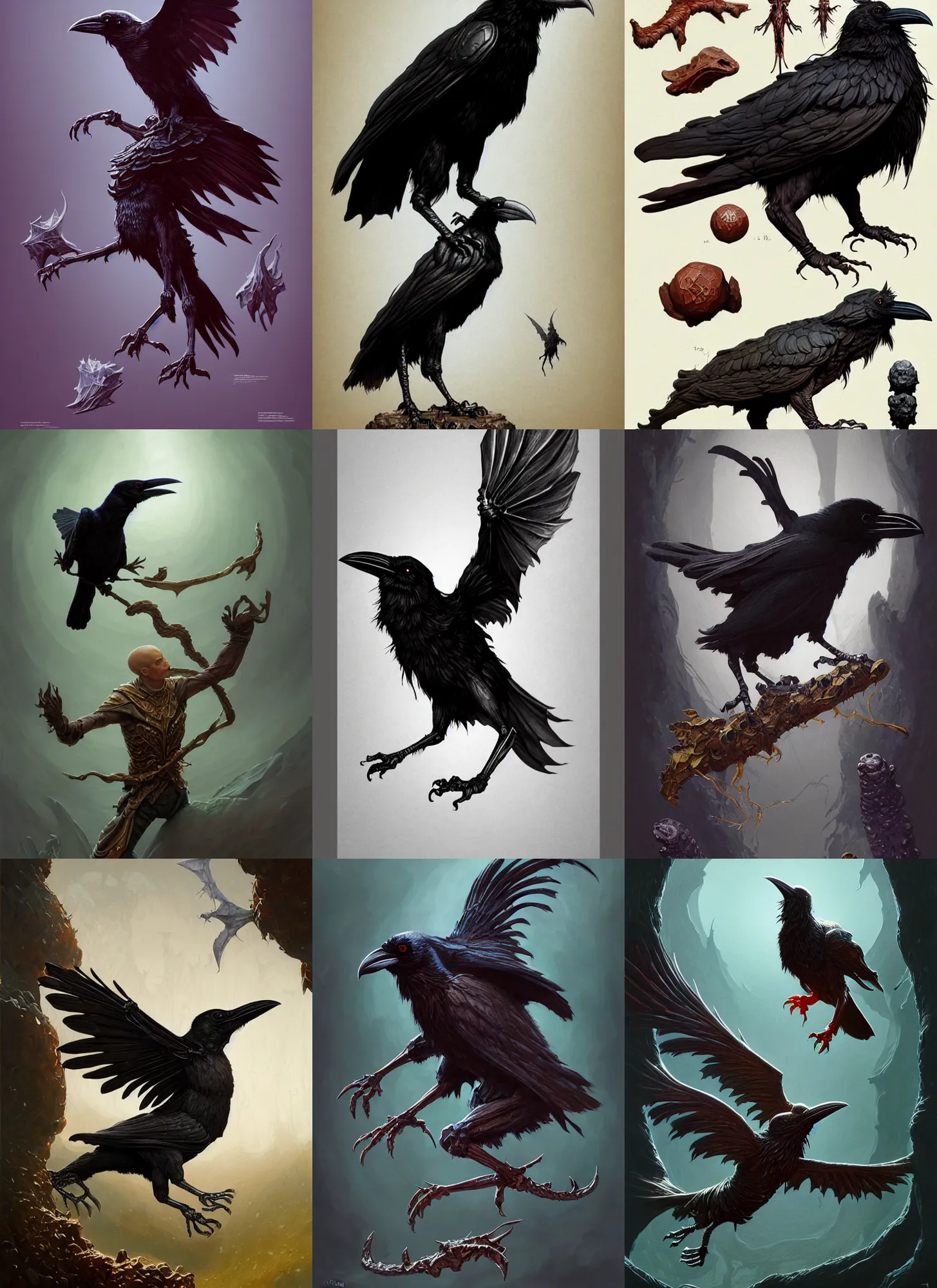 Prompt: full - body d & d mtg fungus raven anatomy on white background, action pose, intricate, highly detailed, digital painting, artstation, concept art, smooth, sharp focus, illustration, art by norman rockwell emiliano ponzi andrey remnev yoann lossel aaron jasinski, 8 k