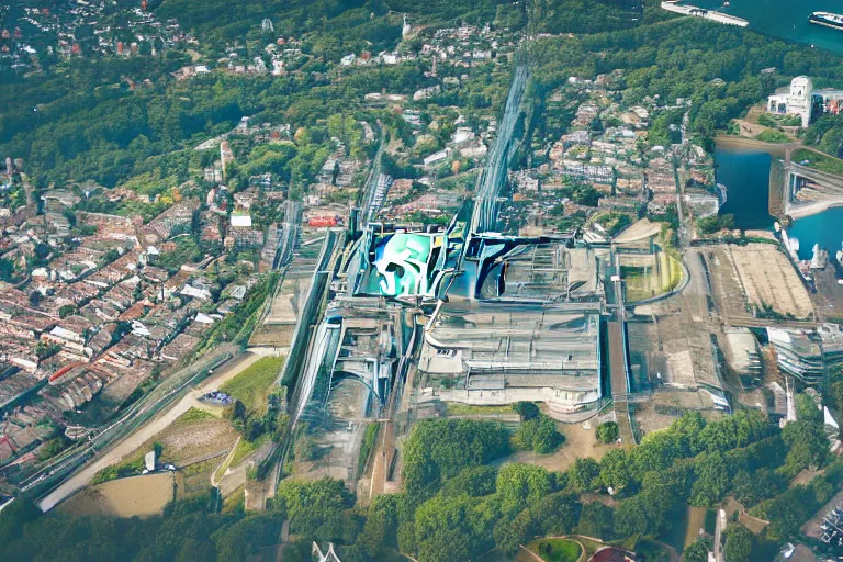 Prompt: bird's eye view photography of a small city. town hall, central farm, monorail station, beach and shipping dock. hills, woods and pond to the north.