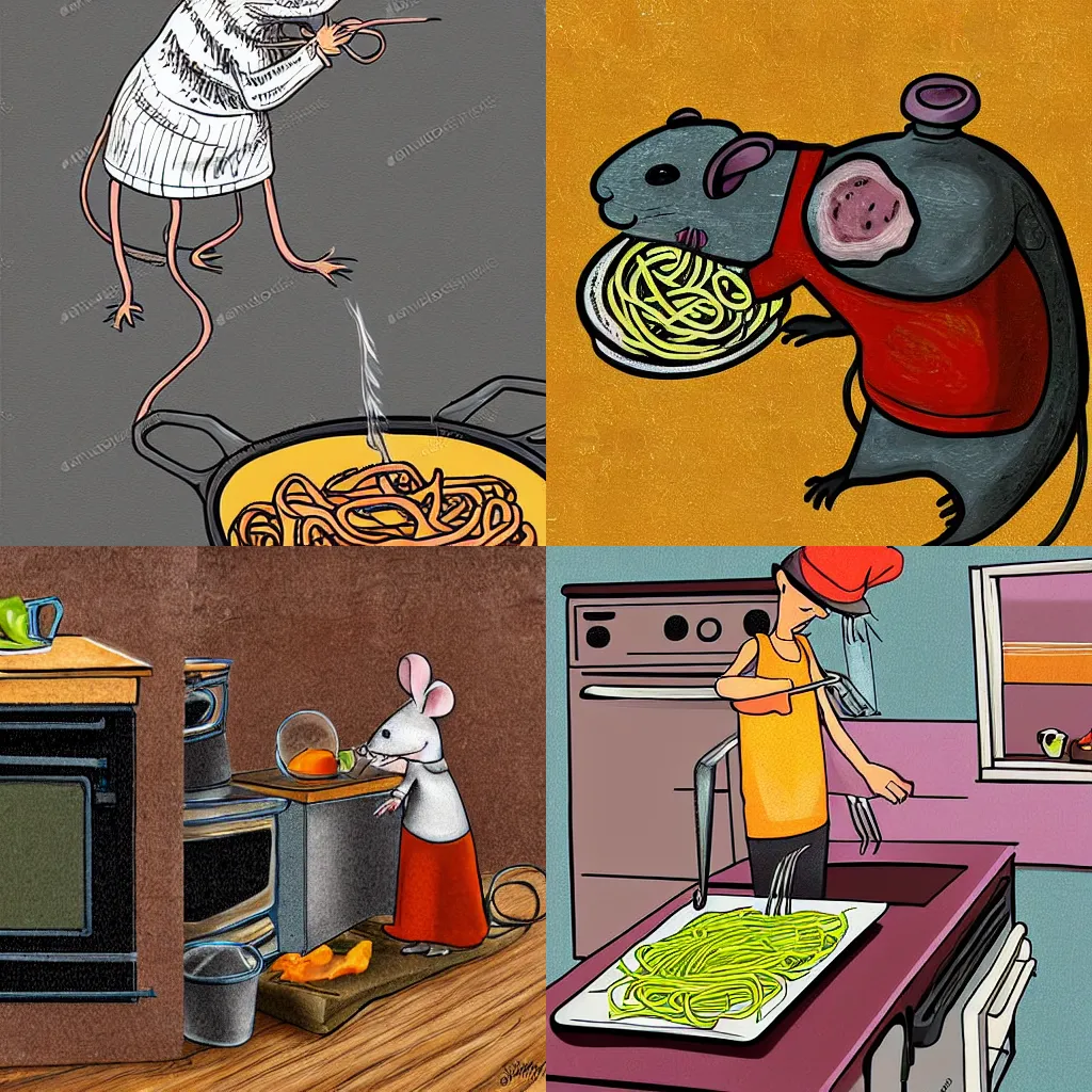 Prompt: rat cooking spaghetti in kitchen, standing at stove, making a mess, digital art