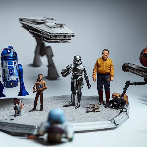 Prompt: a detailed photo of a epic diorama of star wars toys, macro photography, zoom, table, studio lighting