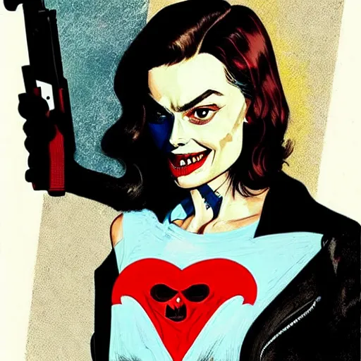 Prompt: Rafael Albuquerque art, Norman Rockwell, pretty Margot Robbie vampire sharp teeth evil smile, holding handgun, symmetrical face symmetrical eyes, leather jacket, jeans