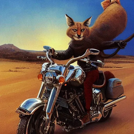 Image similar to a detailed painting of a cute caracal riding a harley davidson motorcycle. movie scene, cinematic scene, sunset, road. by beksinski and carl spitzweg and tuomas korpi. baroque elements. baroque element. intricate artwork by caravaggio. oil painting. award winning. trending on artstation. 8 k