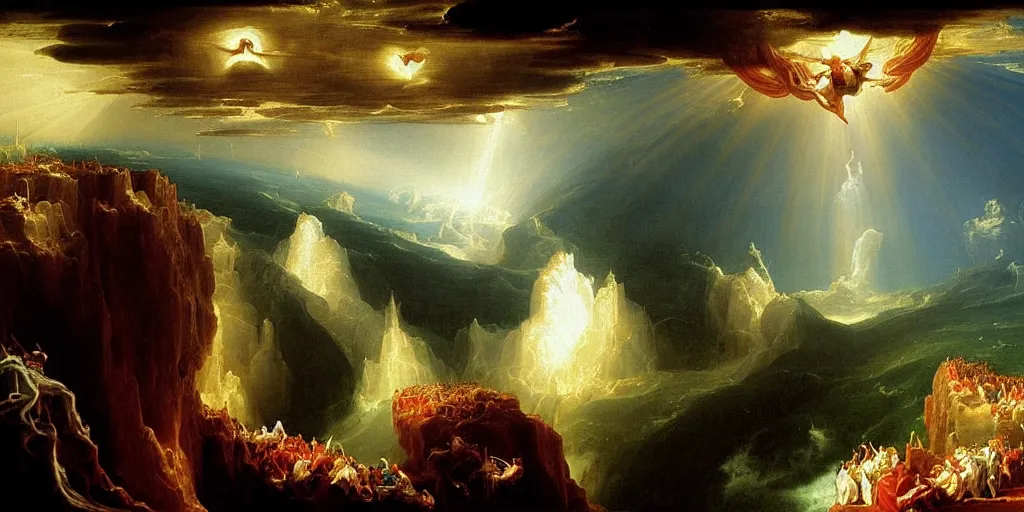 Image similar to heaven and hell painted by thomas cole