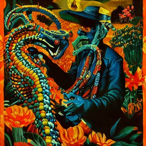 Prompt: high quality, high detail painting, dutch masterpiece, fluxus, blu, film noir, william s burroughs, high garden scene with quetzalcoatl at night, hd, muted lighting