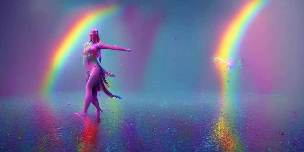 Image similar to a dancing godess enrobed in water mist rainbow in a puddle splattering water, mist, vapour, iridiscent, rainbow, microsecond, 1 / 8 0 0 0 8 k, octane render, unreal engine, ue 5, photoshop, maya, ray tracing