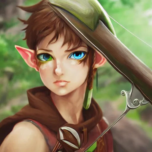 Image similar to a mixed media painting of a young elf archer aiming a bow at the camera close-up, WLOP, pixiv, 8k UHD