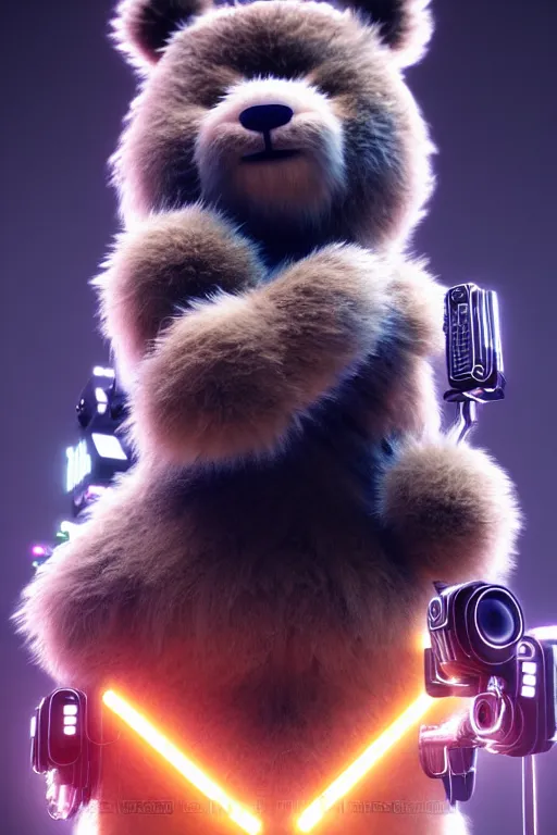 Image similar to high quality 3 d render very cute fluffy cyborg!! bear! plays huge electric guitar, cyberpunk highly detailed, unreal engine cinematic smooth, in the style of blade runner & detective pikachu, hannah yata charlie immer, moody light, low angle, uhd 8 k, sharp focus