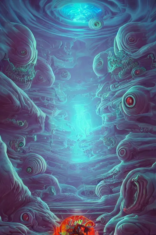 Image similar to rick and morty fused with lovecraft and the blob, high details, intricate details, by vincent di fate, artgerm julie bell beeple, 90s, Smooth gradients, octane render, 8k, volumetric lightning, High contrast, depth of field, very coherent symmetrical artwork