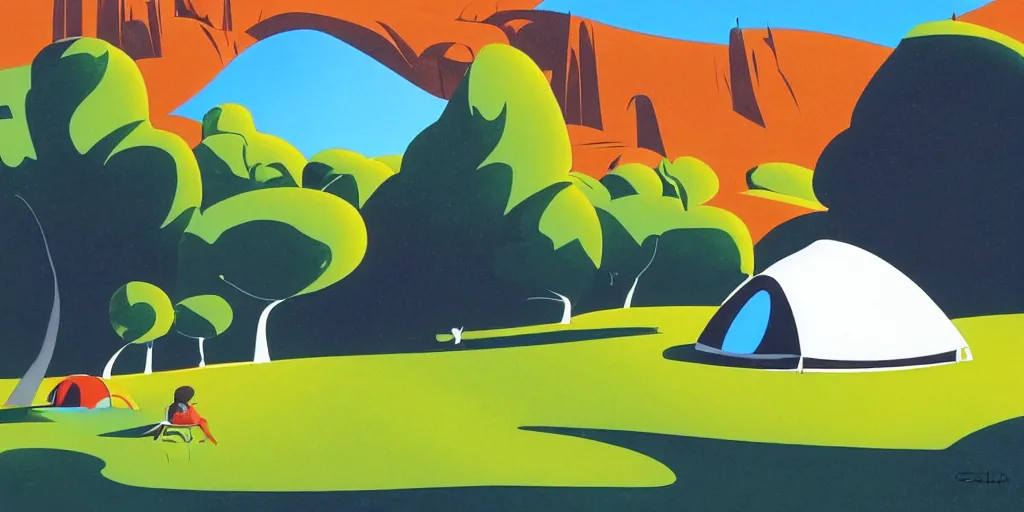 Prompt: oasis with a tent, in a desert, gouache, animated film, stylised, illustration, by eyvind earle, scott wills, genndy tartakovski, syd mead