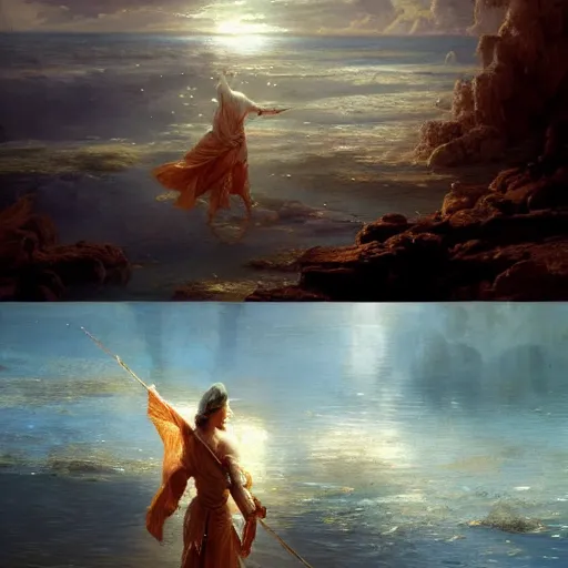 Image similar to a holy saint walking on top of water. photorealism. pseudo realistic. detailed. 4 k masterpiece. cgsociety. by tianhua xu. by gaston bussiere.