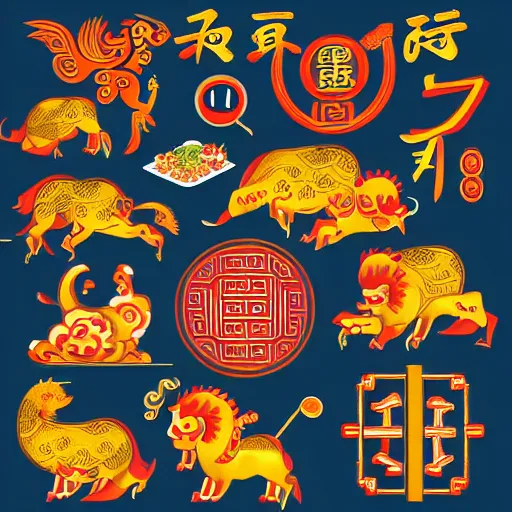 Prompt: traditional chinese, illustrator element fancy shining color, sharp focus, super resolution, the chinese zodiac