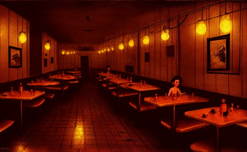 Image similar to diner, horror scene, dim lighting, eerie atmosphere, 1950-s, intricate, detailed, photorealistic imagery, artstation