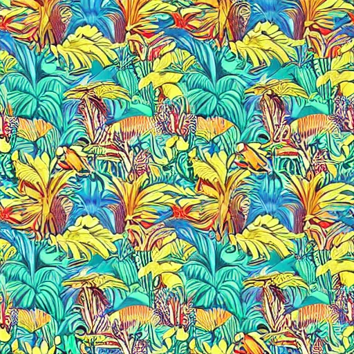 Image similar to a colourful detailed symmetric pattern with dinosaurs and palm trees by William Morris