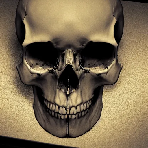 Image similar to human skull lying on a table, creepy lighting, scary atmosphere, digital art, highly detailed, high contrast, beautiful lighting, award winning, trending on art station, photorealistic, 8 k,