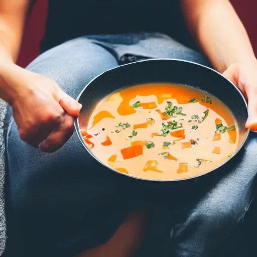 Prompt: a photo of a person being unable to eat soup properly spilling it in the process.