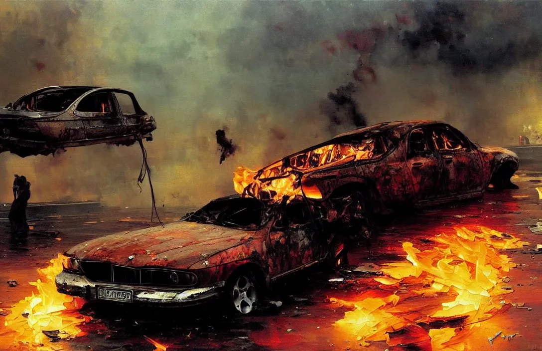 Prompt: an abandoned car on fire, detailed painting, epic lighting, by ilya repin, phil hale and kent williams