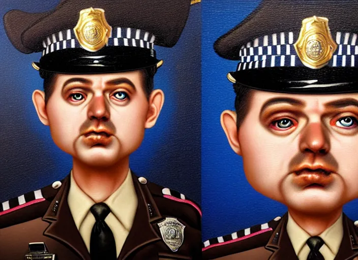 Image similar to a police officer made of donuts, lowbrow, matte painting, 3 - d highly detailed, in the style of mark ryden,