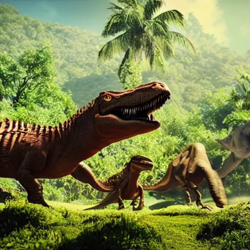 Image similar to 8 k hd detailed octane render of dinosaurs roaming the jungle