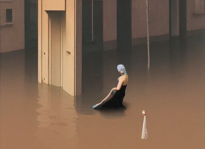 Image similar to woman dressed in plastic bags plugged into computer in paper bag over the head on flooded street Edward Hopper and James Gilleard, Zdzislaw Beksinski, highly detailed